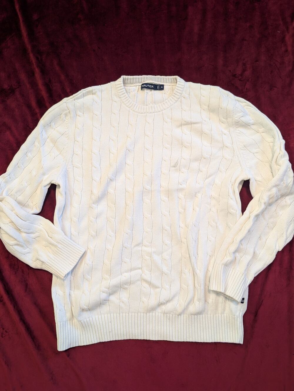 Vintage Nautica Cream Cable Knit Crewneck Sweater 100% Cotton XL